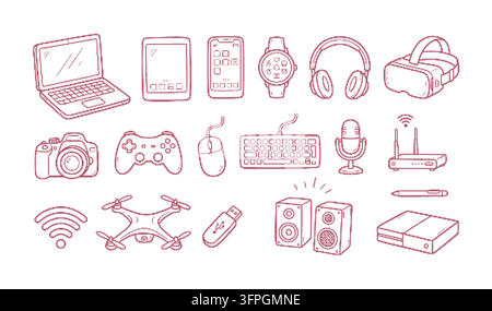 Modern Technology and Electronics Gadgets Doodle Hand Drawn Halftone Pixel Dither Style Vector Icon Set Stock Vector