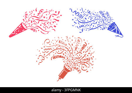Party popper collection set with exploding confetti streamers Halftone dither texture party vector illustration Stock Vector