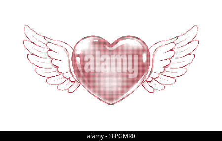 Halftone Winged Red Heart Vector Illustration in Vintage Dither Grunge Style Stock Vector
