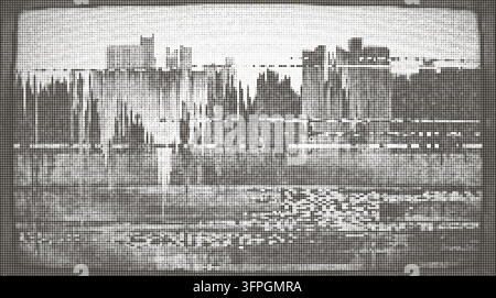 Retro CRT TV Glitch City Skyline Vector Texture with Halftone Dither and Grunge Effect Stock Vector