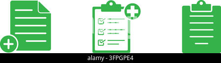 Green medical document and clipboard icons set featuring checklist tasks and plus sign symbols isolated on a white background vector graphic Stock Vector