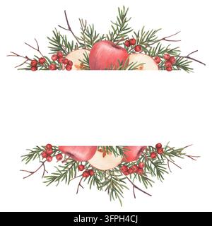Festive frame with whole red apples, sliced apples, green pine branches, twigs, and red berries. Hand-drawn watercolor border. Ideal for greeting card Stock Photo