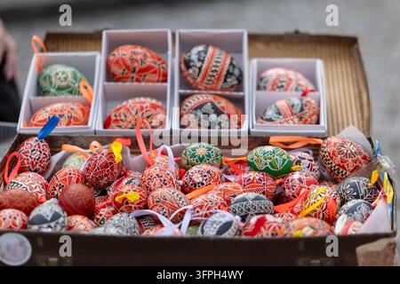 Pysanky eggs showcasing vibrant patterns and colors, representing Ukrainian culture and holiday traditions Stock Photo