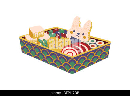 Japanese kids bento lunch box food, meal lunchbox. Vector cute Japan packed meal with bunny shaped rice, sushi rolls, sliced food, vegetables and smiling bites inside decorative plastic container Stock Vector