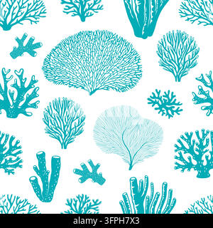 Silhouettes of sea blue coral reef and ocean seaweed seamless pattern background. Underwater pattern with sea fan corals, brain corals, tube sponges and aquatic plants for coastal home decor textiles Stock Vector