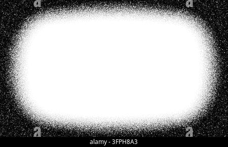Noise dot grain fade frame, stipple spray oval border. Vector black halftone texture with dense grunge particles fading toward white center. Rough rectangular vignette with scattered dust and speckle Stock Vector