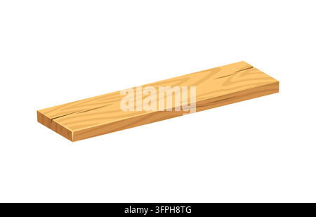 Cartoon wooden plank isolated on white background. Light brown timber board with smooth wood grain texture and natural cracks for building materials catalog, woodworking icons, DIY project banners Stock Vector
