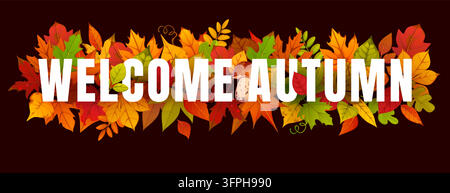 Hello welcome autumn banner, invitation card, cover and poster, advertising banner, placard or flyer. Vector seasonal typography with fall foliage of red, orange, yellow and green leaves and mushrooms Stock Vector
