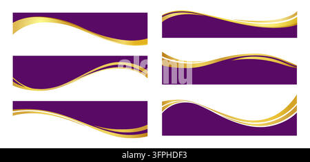 Letterhead waves with purple and gold borders, business certificate violet footers and dividers. Vector set of elegant curved bands with golden lines for corporate document headers, banners, layouts Stock Vector