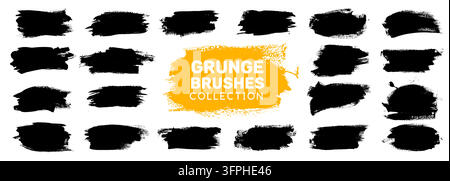 Graffiti ink grunge shapes set of black smudge spray or paint stain brush with dirty paintbrush stroke. Abstract ink shapes set with grunge spots or dirt splatter texture for banners box borders Stock Vector