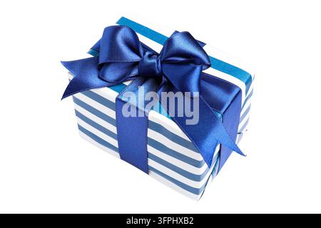 Gift box. Elegant blue striped gift box with blue bow isolated on white background. Blue gift box Stock Photo