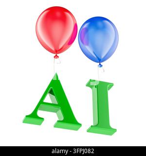 AI bubble concept with balloons and floating artificial intelligence letters. 3D rendering isolated on white background - Photomontage Stock Photo