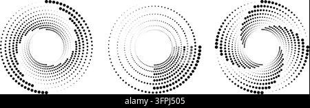 Halftone circular speed line collection. Dotted circle swirl and spiral set. Radial dynamic dot line elements for logo, print, poster, template, icon, banner. Vector rotating circle sound wave shapes Stock Vector