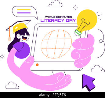 World Computer Literacy Day Vector Illustration featuring Digital Education, Online Learning, Technology Skills, and Computer Knowledge Stock Vector