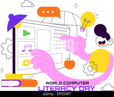 World Computer Literacy Day Vector Illustration featuring Digital Education, Online Learning, Technology Skills, and Computer Knowledge Stock Vector