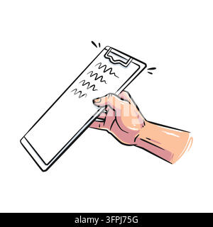 Colorful graphic illustration of a human hand holding an office clipboard with checklist notes against a white background. Bold ink outlines and cel-s Stock Vector