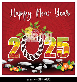 Festive design greeting the New Year 2025 featuring vibrant floral elements and symbolic decorations, conveying joy and celebration. Flat vector moder Stock Vector