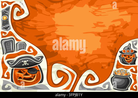 Vector greeting card for Halloween with copyspace for text, horizontal layout with pair eerie jack-o-lanterns and halloween symbols - carved pumpkins, Stock Vector