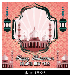 Featuring a decorative mosque framed with lanterns, celebrating Muharram as the Islamic New Year. Flat vector modern illustration Stock Vector