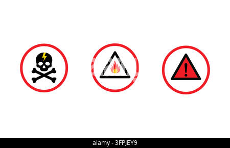 Safety hazard icon set featuring danger skull fire and exclamation signs for industrial compliance and risk management Stock Vector