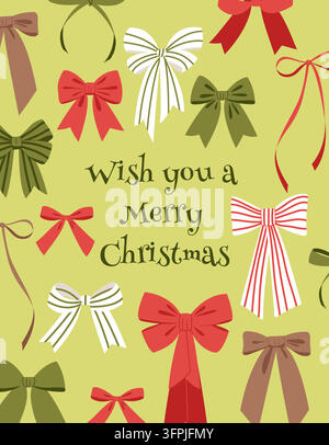 Christmas card with seamless pattern of colorful bows and Wish you a Merry Christmas text Stock Vector