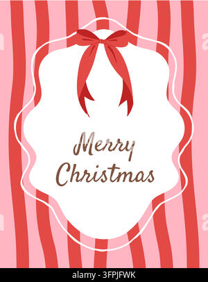 Christmas greeting card with red bow and frame on pink striped background Stock Vector