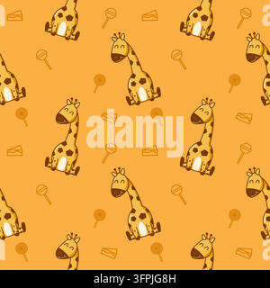 Giraffe smile cartoon so cute.on candy cake and yellow background. Pattern seamless vector illustration. Stock Vector