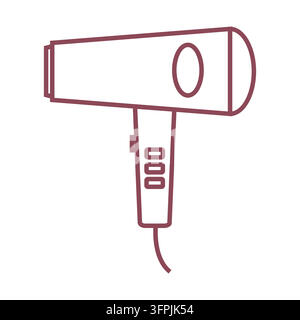 Minimalist line drawing of a hair dryer in maroon outline. Simple household appliance design for beauty Stock Vector