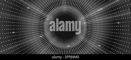 Abstract halftone tunnel with glowing silver light dots. Modern vector background with radial depth. Circular frame pattern with luminous effects and geometric tech design. Black and white wallpaper. Stock Vector