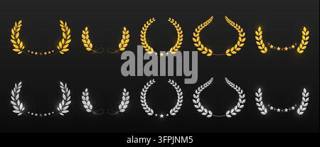 Elegant gold and silver laurel wreath collection. Realistic awards emblem illustrations with stars and glowing decorative details on dark background for winners and champions. Vector frames set. Stock Vector