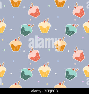 Cupcake colorful cartoon so cute. On heart background. Pattern seamless vector illustration. Stock Vector