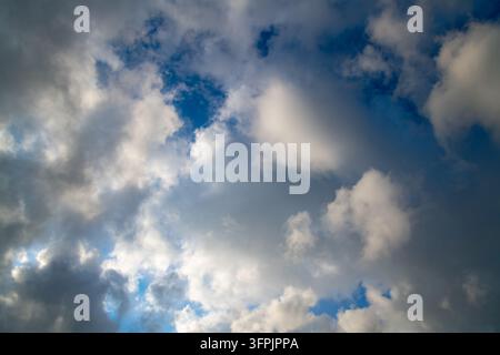 Dynamic cloudscape with large white and grey cumulus clouds opening onto patches of deep blue sky, creating a dramatic summer atmosphere. Stock Photo