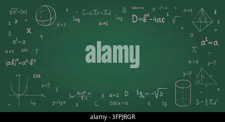 Hand-drawn math formulas and educational symbols on green chalkboard background with copy space in the center. Vector doodle-style mathematics sketches for school or college learning materials. Stock Vector