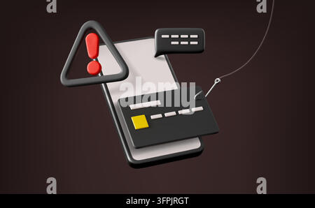 Data phishing fraud alert on phone screen. Financial scam mobile notification with hook icon and credit card. 3D vector illustration for online banking protection and payment security risks. Stock Vector