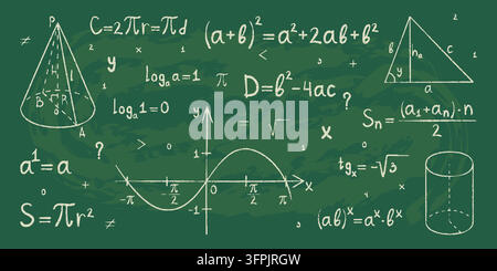 Hand-drawn math formulas and equations on blackboard background. Vector realistic illustration of chalk doodles, algebra symbols, and geometric sketches on green, education project design elements Stock Vector