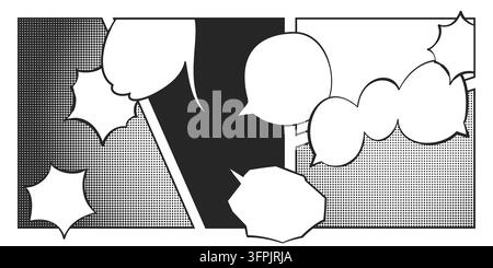 Comic book page template with speech bubbles on retro halftone dots background. Vector black and white cartoon speech balloons for manga-style messages and playful pop art conversations. Stock Vector