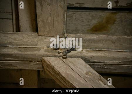 Close-up of an aged electrical fixture mounted on a weathered wooden structure, highlighting peeling paint, worn materials, and historic craftsmanship Stock Photo