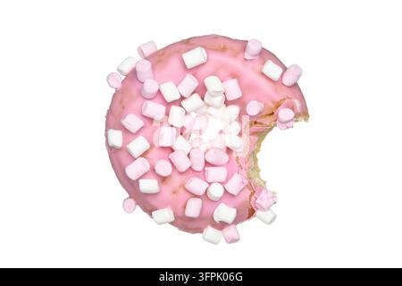 Donut with marshmallows. Pink glazed donut with marshmallows and bite mark isolated on white background. Donut with marshmallows Stock Photo