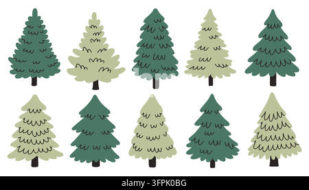 Minimal green pine trees set in various shapes and textures in flat Scandinavian vector style. Ideal for winter forest and holiday designs Stock Vector