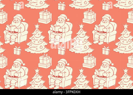 Charming Christmas seamless pattern featuring Santa Claus reading a book in a cozy armchair, decorated Christmas trees and wrapped gifts. Whimsical Stock Vector