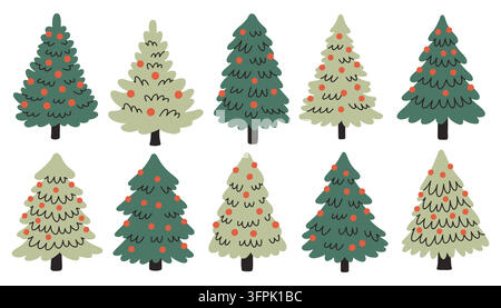 Set of green Christmas fir trees decorated with red berries and baubles in flat Scandinavian vector style. Perfect for holiday graphics Stock Vector