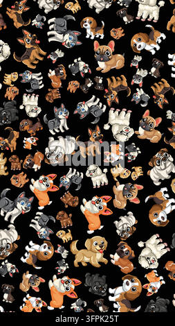 Vector illustration of diverse cartoon puppies in a repeating pattern on a dark background. Stock Vector