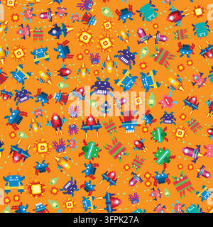 Seamless vector pattern of colorful pixelated spaceships and aliens on a vibrant orange background. Stock Vector