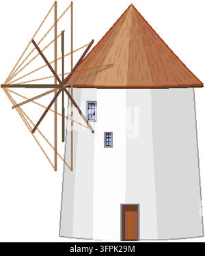 Flat vector illustration of a traditional white windmill with wooden sails and conical roof. Stock Vector