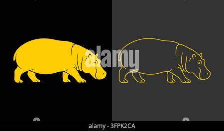 Golden hippopotamus silhouette and line art illustration icon design Stock Vector