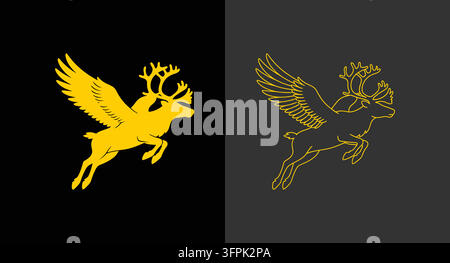 Flying reindeer silhouette graphic in solid and outline styles with outline draw Stock Vector