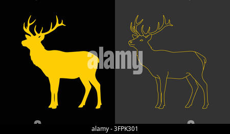 Stylized golden deer icon set on black and dark gray backgrounds with linear art Stock Vector