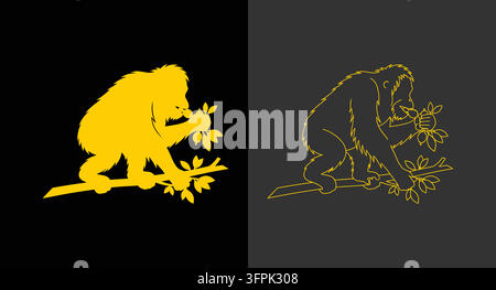 Stylized golden primate or monkey icon set on black and dark gray backgrounds Stock Vector