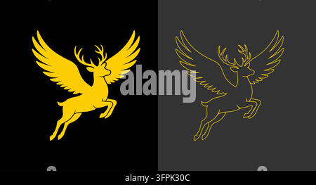 Stylized golden winged deer or stag icon set on black and dark gray backgrounds Stock Vector