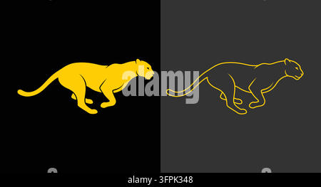 Golden running panther silhouette with big cat wild cat black background Stock Vector